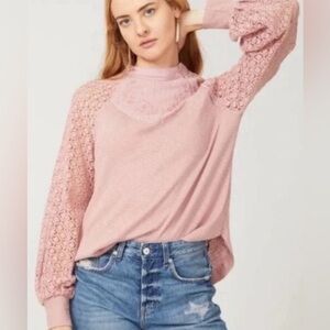 NWOT Free People “Sweetest Thing” Embroidered Crochet Lace SleevesThermal Top